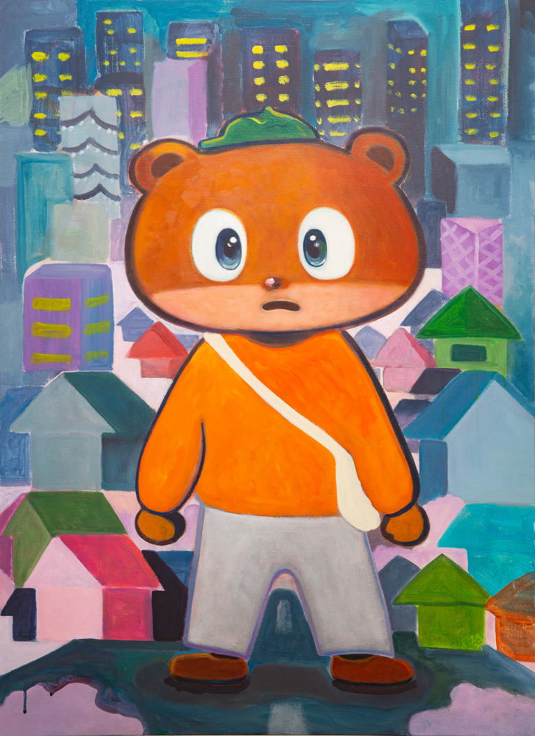 A bear in an orange sweater with a white bag