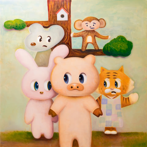 A rabbit, monkey, pig, and tiger in front of a treehouse