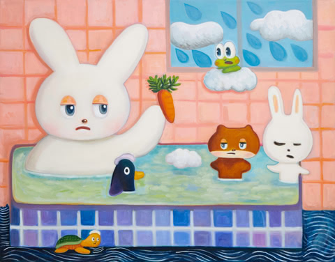 A rabbit, penguin, bear, rabbit, and frog in a public bath